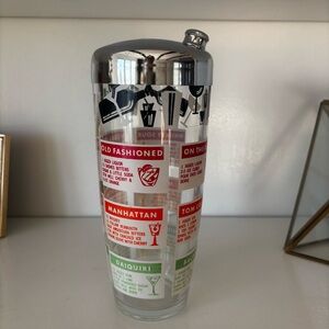 Vintage 50s GLASS Recipes COCKTAIL SHAKER MCM Barware CHROME Art Deco